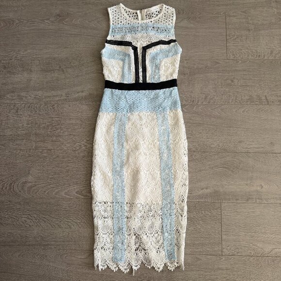 Slide Show Dresses & Skirts - SLIDE SHOW Lace Midi Dress White Blue Black Trim Size 6 Sleeveless